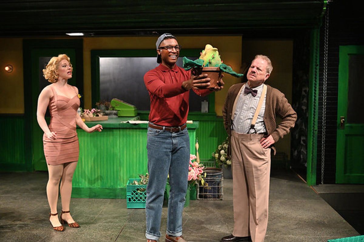 Rebecca Gibel (left) as Audrey, Jude Sandy as Seymour, and Stephen Berenson as Mr. Mushnik at 