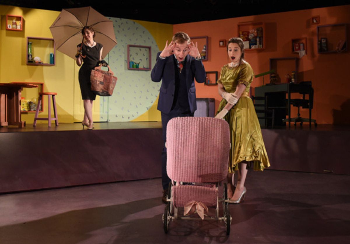 Nanny (Jamie Bragg), John (Tyler Anthony Smith) and Helen (Elise Marie Davis) share a fun round of Peek-a-Boo in Eclipse Theatre''s production of ?Baby with the Bathwater? by Christopher Durang, direct at 