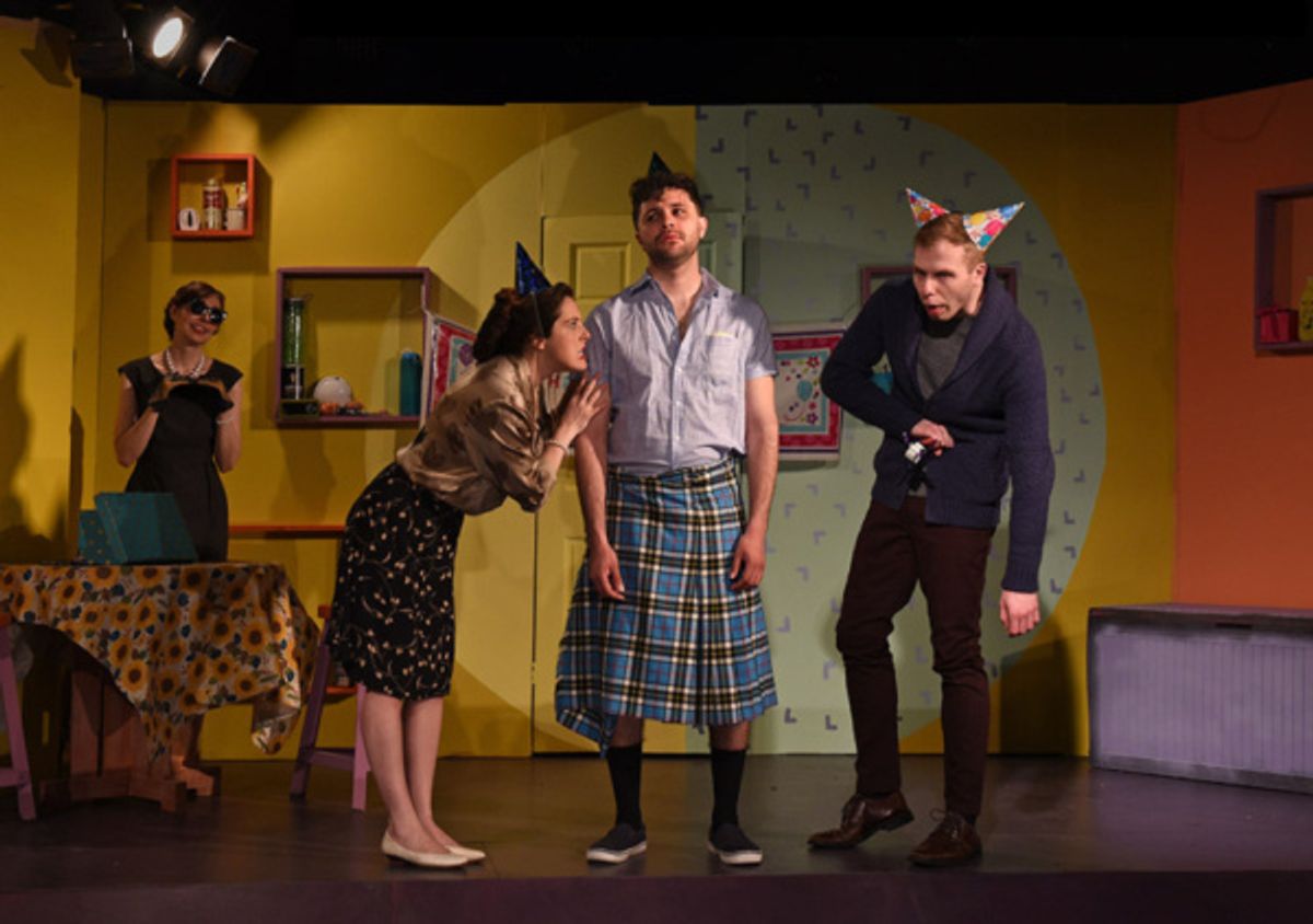 Helen (Elise Marie Davis), Nanny (Jamie Bragg) and John (Tyler Anthony Smith) celebrate Daisy?s (Jose M. Cervantes) birthday in Eclipse Theatre''s production of ?Baby with the Bathwater? by Christopher at 