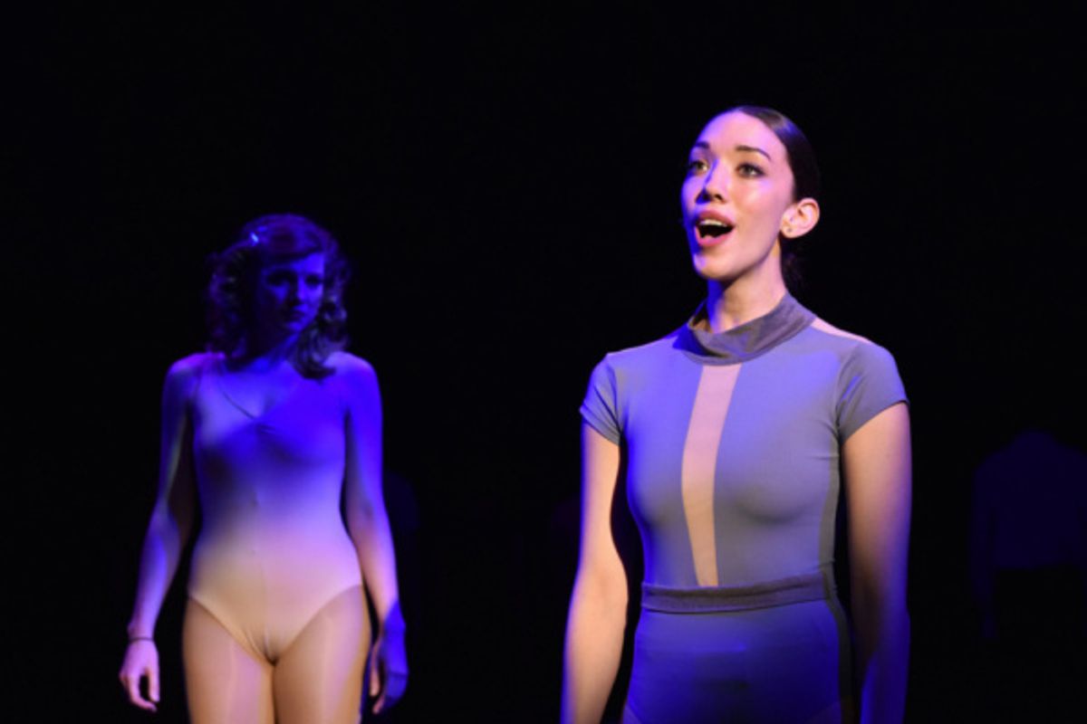 Erica Evans as Shelia Bryant and  Liz Conway as Bebe Benzenheimer in A CHORUS LINE from Porchlight Music Theatre  at 
