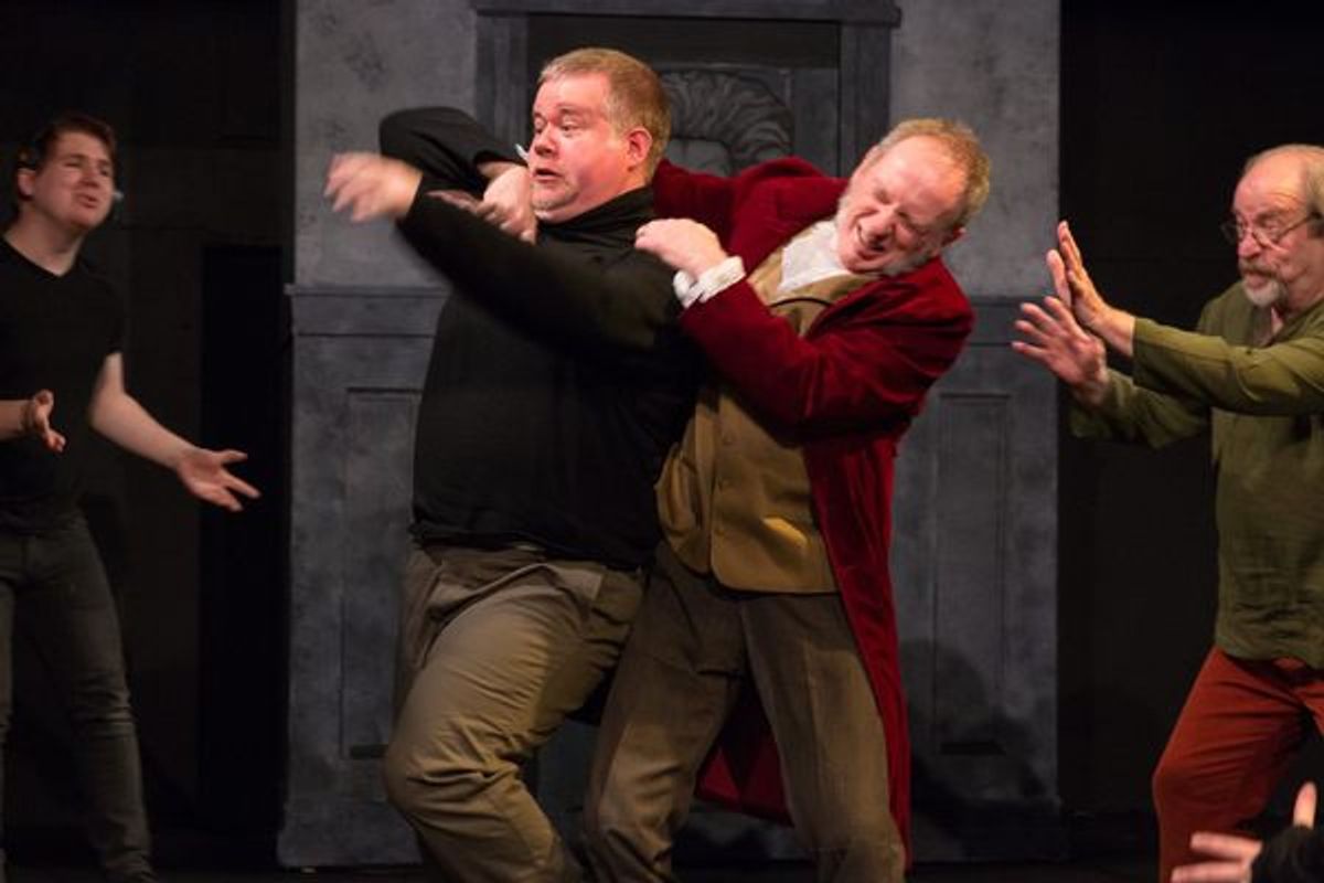 (L to R) TYLER PETTY (Bart), JED SLAUGHTER (Wayne), TIM HOBAN (Phil) and DENNIS ROLLY (Larry) from the Lakewood Playhouse Production of  'INSPECTING CAROL'
 at 
