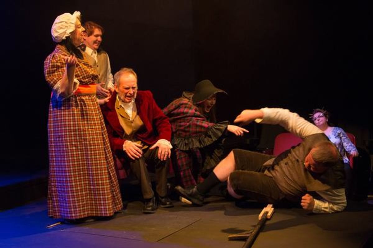 (L to R) DANA MESSINA GALAGAN (Dorothy), TYLER PETTY (Bart), TIM HOBAN (Phil), BRITTANY GRIFFINS (M.J.) and  JED SLAUGHTER (Wayne) from the Lakewood Playhouse Production of  'INSPECTING CAROL'  
 at 