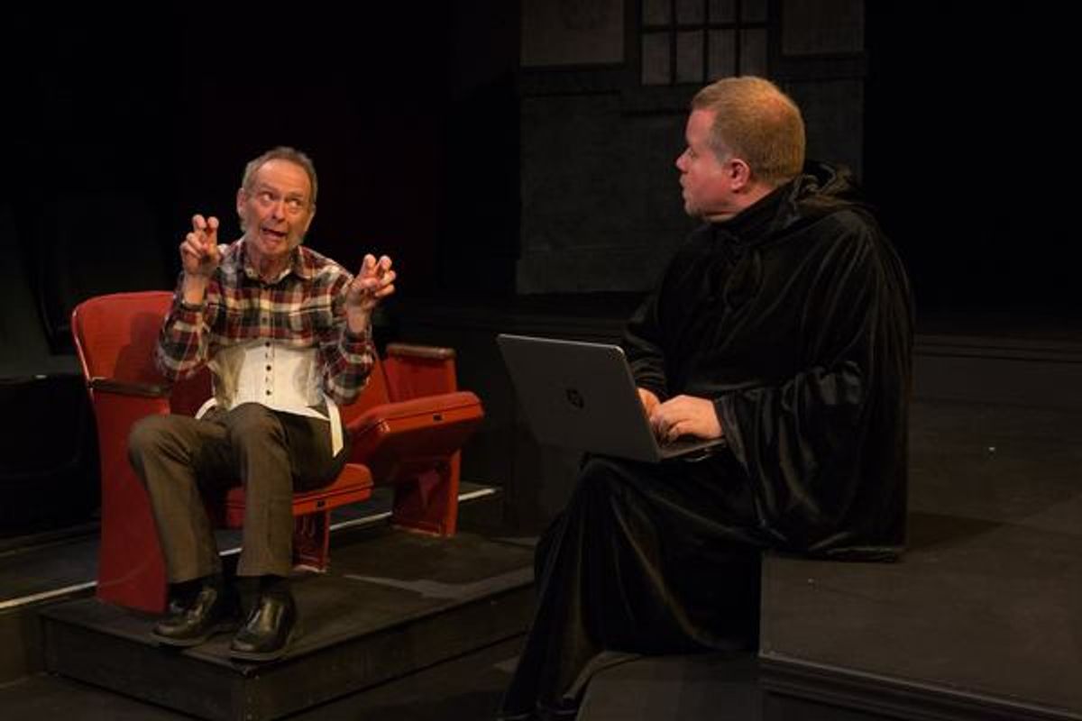 (L to R) TIM HOBAN (Phil) and JED SLAUGHTER (Wayne) from the Lakewood Playhouse Production of  'INSPECTING CAROL'  
 at 
