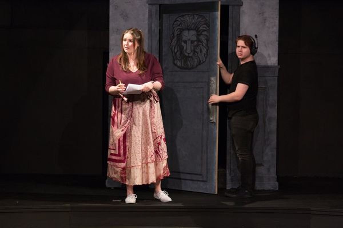 (L to R) BRITTANY GRIFFINS (M.J.) and TYLER PETTY (Bart) from the Lakewood Playhouse Production of  'INSPECTING CAROL'
 at 
