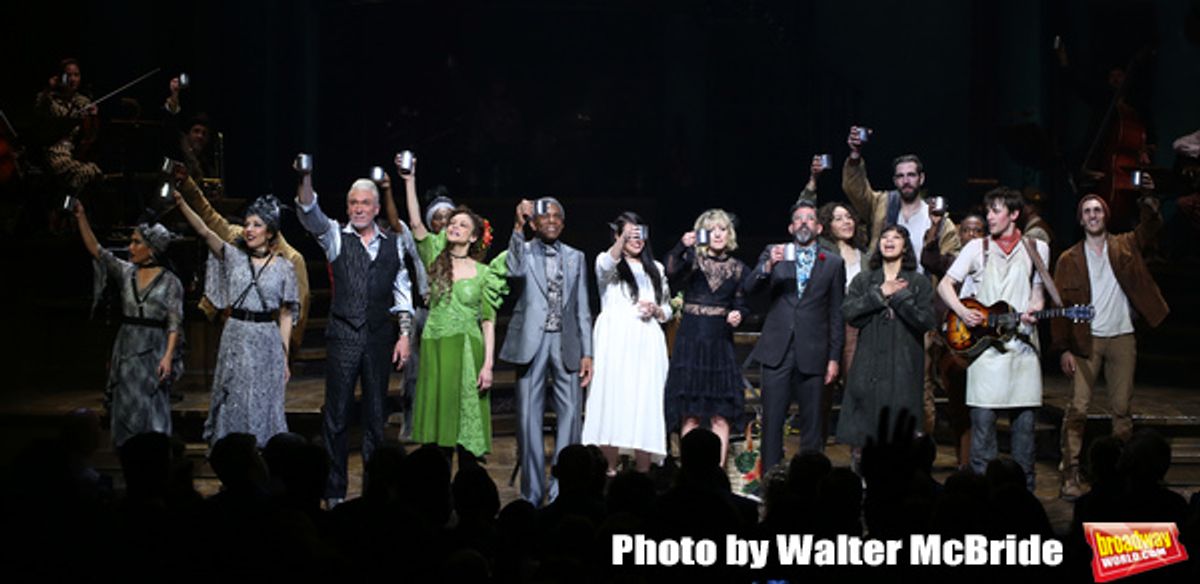 Patrick Page, Amber Gray, Andre De Shields, Rachel Clavkin, Anais Mitchell, David Neumann, Eva Noblezada, Reeve Carney and Timothy Hughes with cast at 