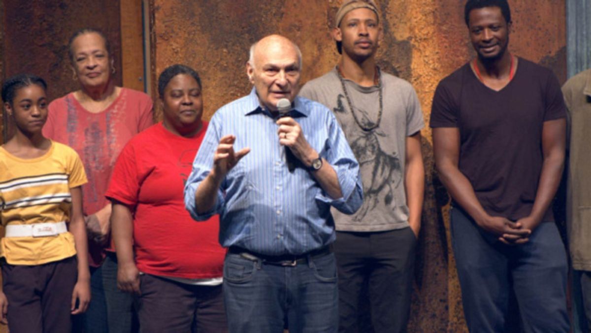 Photo of Simone Warren (Iphigenia), Franchelle Stewart Dorn (Chorus), Patrena Murray (Chorus), Michael Kahn (Director), Jonathan Louis Dent (Chorus), Kelcey Watson (Agamemnon) in rehearsal for The Ore at 