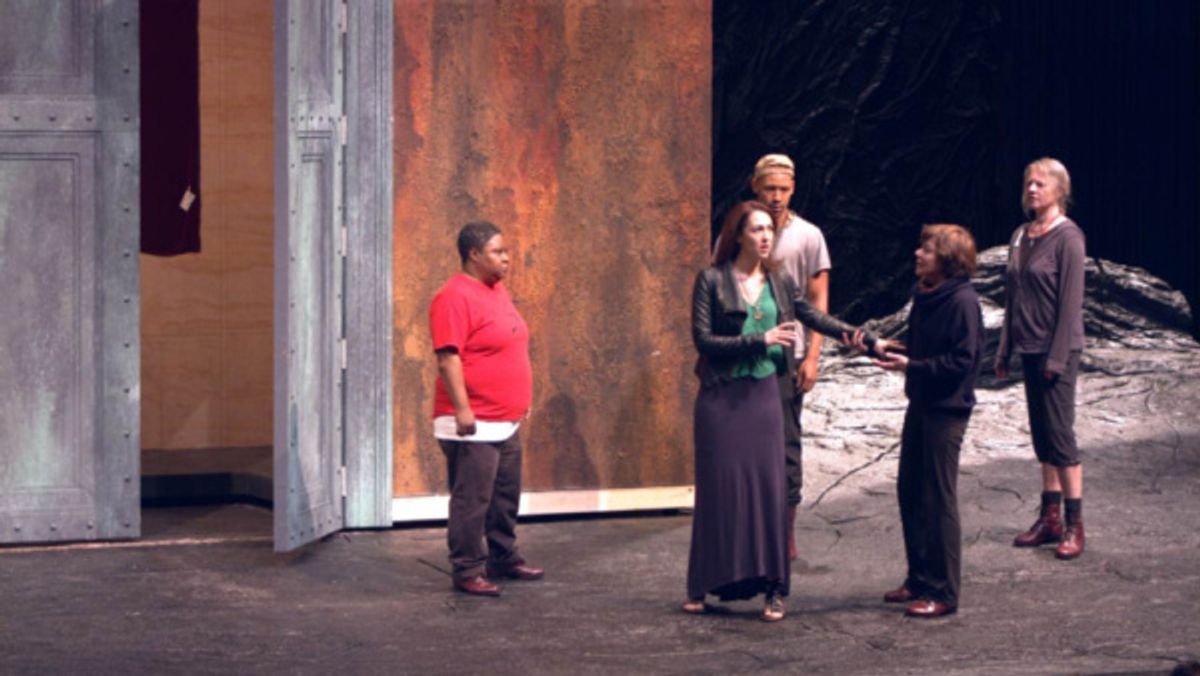 Photo of Patrena Murray (Chorus), Kelley Curran (Clytemnestra), Jonathan Louis Dent (Chorus), Helen Carey (Chorus) and Kati Brazda (Chorus) in rehearsal for The Oresteia. at 