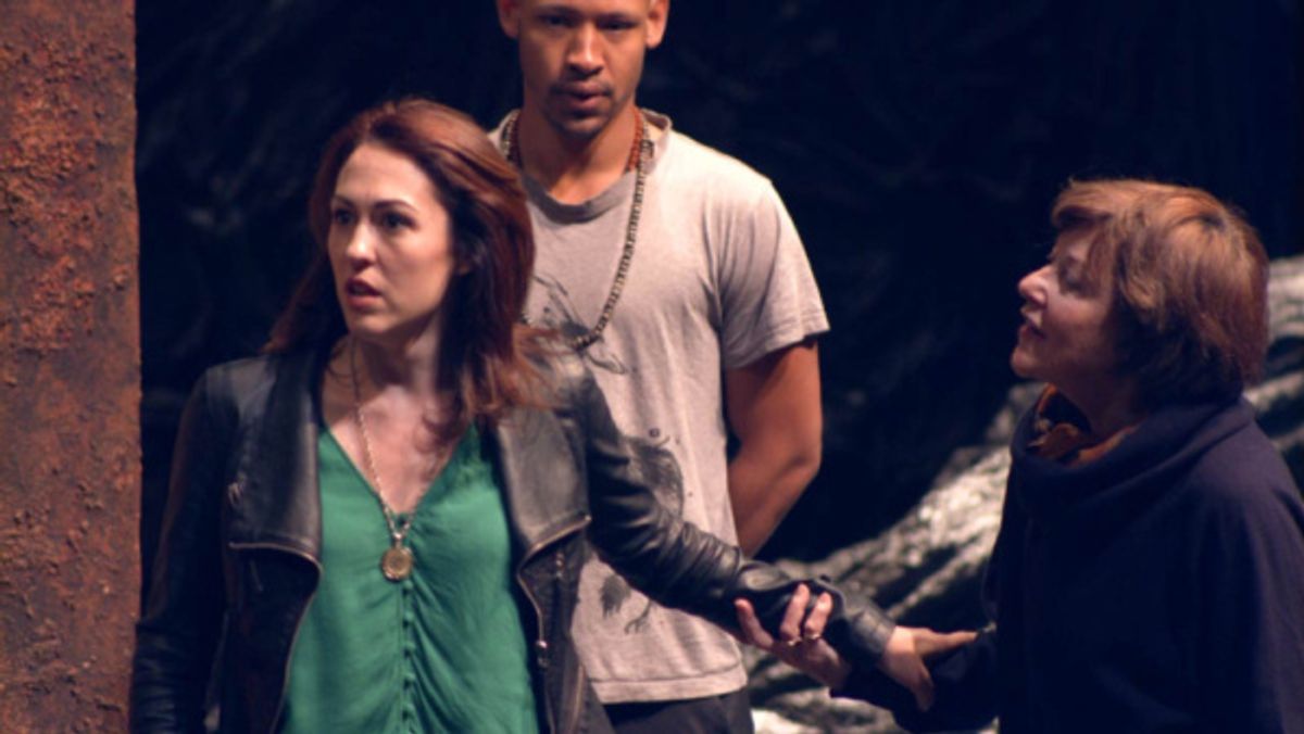 Photo of Kelley Curran (Clytemnestra), Jonathan Louis Dent (Chorus) and Helen Carey (Chorus) in rehearsal for The Oresteia). at 