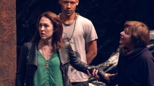 Photo of Kelley Curran (Clytemnestra), Jonathan Louis Dent (Chorus) and Helen Carey ( Photo