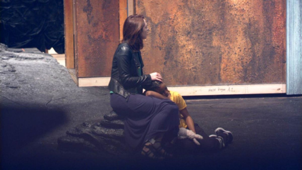 Photo of Kelley Curran (Clytemnestra) and Simone Warren (Iphigenia) in rehearsal for The Oresteia. at 