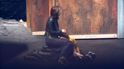 Photo of Kelley Curran (Clytemnestra) and Simone Warren (Iphigenia) in rehearsal for  Photo