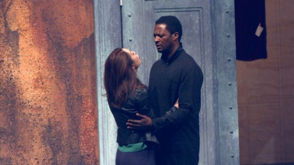 Photo of Kelley Curran (Clytemnestra) and Kelcey Watson (Agamemnon) in rehearsal for  Photo
