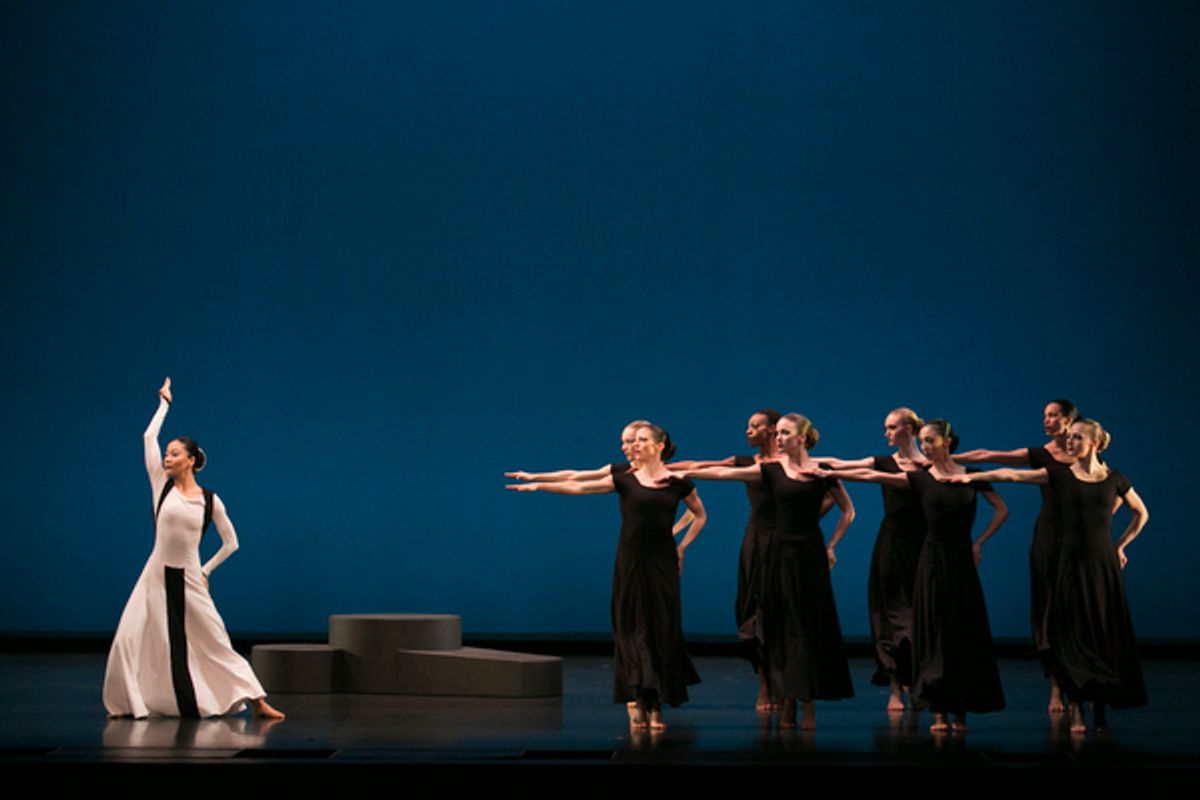Xin Ying (soloist) and company in Martha Graham's Chronicle. Photo by Melissa Sherwood. at 