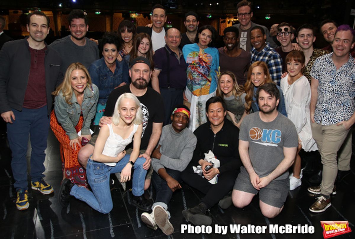 Jill Abramovitz, Rob McClure, Leslie Kritzer, Sophia Anne Caruso, Adam Dannheisser, Danny Rutigliano, Kelvin Moon Loh and Alex Brightman with cast during the Broadway Opening Night Actors' Equity Legacy Robe Ceremony honoring Jill Abramovitz for 'Beetleju at 