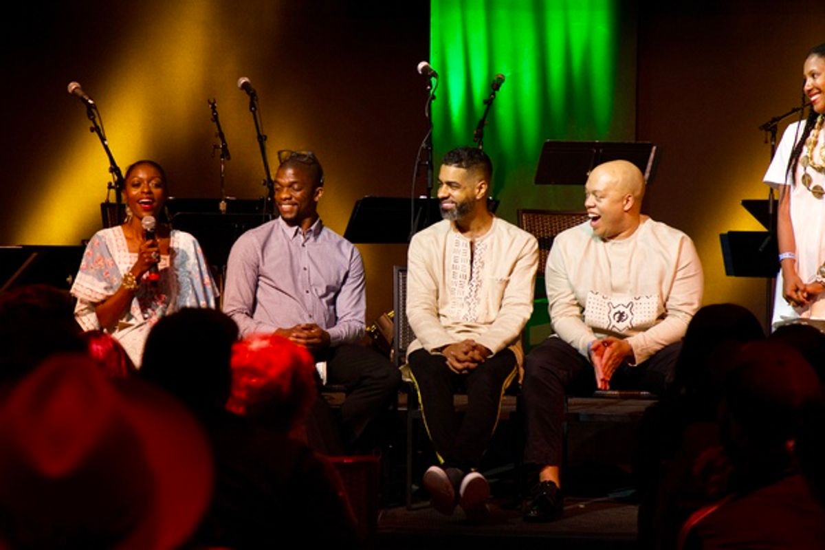 WiLDFLOWERâ€™s director Logan Vaughn speaks during post-show Q&A with WiLDFLOWER choreographer Kevin Boseman, WiLDFLOWER creators Jason Michael Webb and Lelund Durond Thompson as NBT CEO Sade Lythcott looks on at 