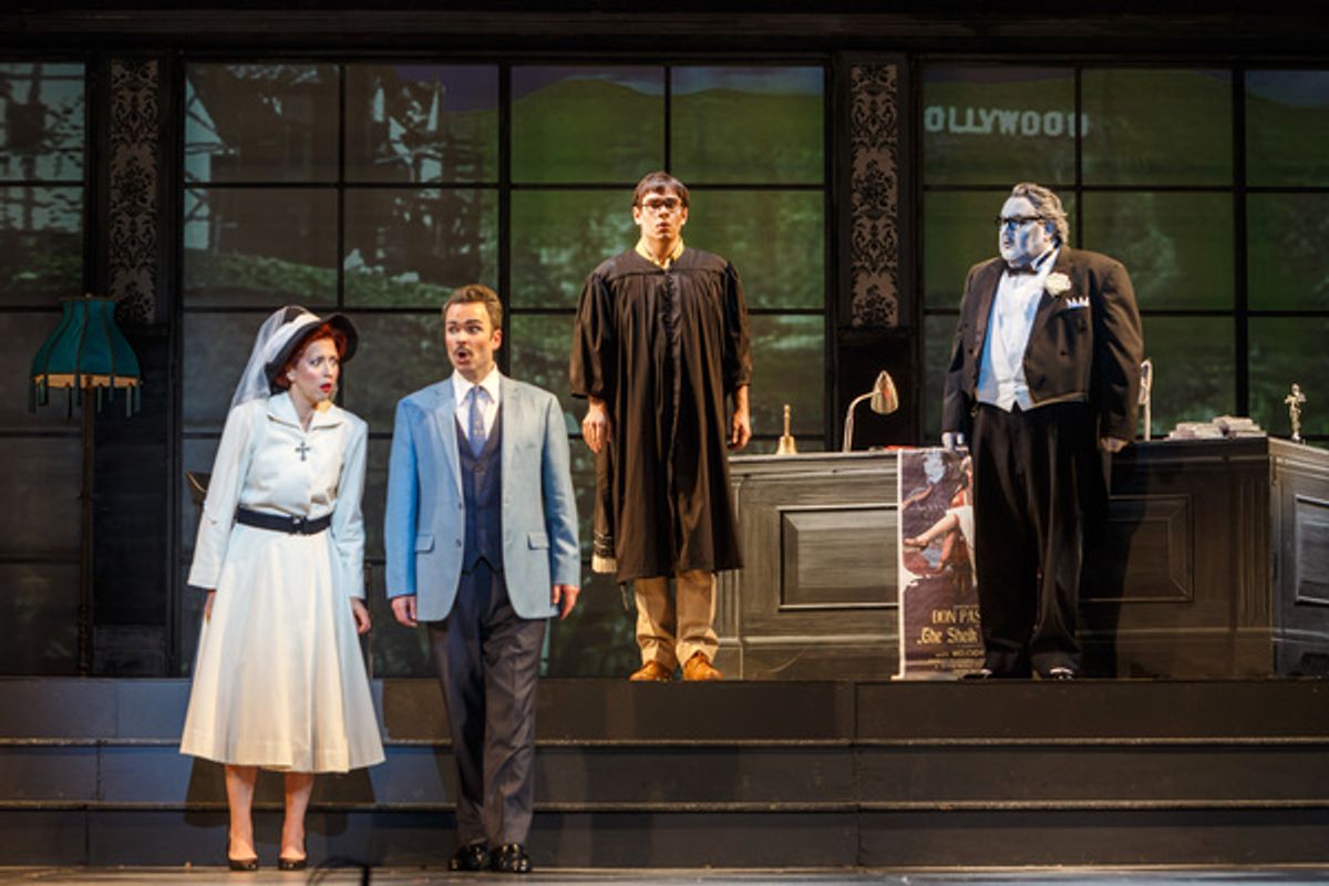 Norina (Lisette Oropesa), Dr. Malatesta (Joshua Hopkins), the Notary (Tyler Zimmerman) and Don Pasquale (Kevin Glavin) hear a commotion
 at 