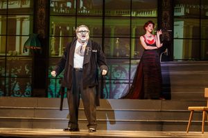 Norina (Lisette Oropesa) is unconcerned with Don Pasqualeâ€™s (Kevin Glavin) con Photo