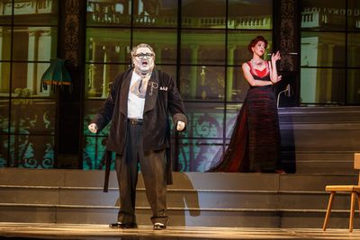 Norina (Lisette Oropesa) is unconcerned with Don Pasqualeâ€™s (Kevin Glavin) con Photo
