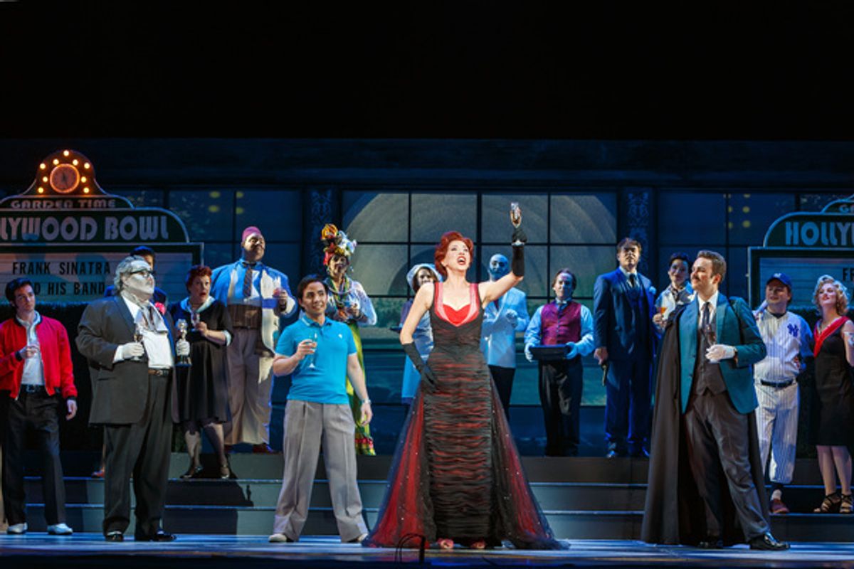 Norina (Lisette Oropesa) leads a toast to celebrate a happy ending at 