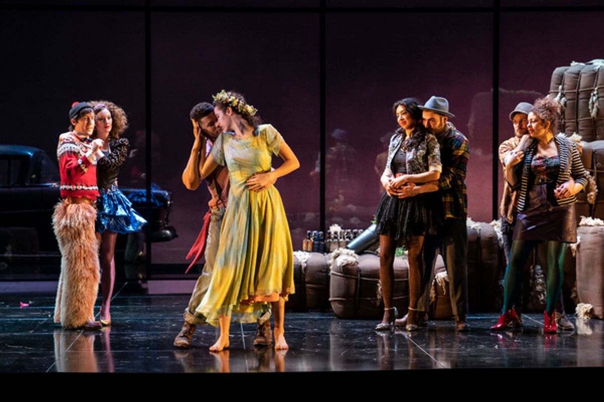 Will Allan (Clown) with Amanda Drinkall Mopsa), Xavier Bleuel (Florizel), Chloe Baldwin (Perdita), Cher Alvarez (Nell), Martin Zebari (Shepherd),  Susaan Jamshidi (Dorcas) and  Christopher Sheard (Shepherd) at 