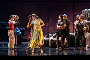 Will Allan (Clown) with Amanda Drinkall Mopsa), Xavier Bleuel (Florizel), Chloe Baldw Photo