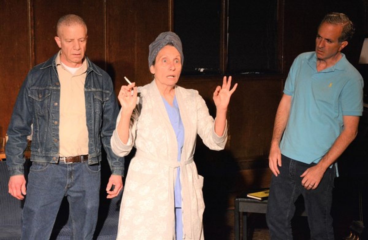 Sheriff Deon Gilbeau (Dan Forman, l) and son-in-law Bill Fordham (Michael Boyle, Jr.) are bemused by one of Violet Westonâ€™s incoherent, drug-induced retreats from reality. (Photo: Leslye Smith) at 