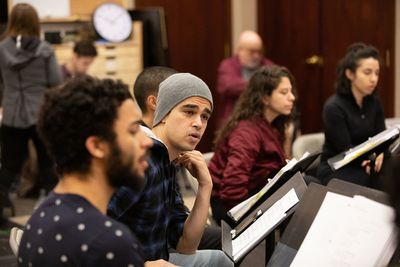 Jakeim Hart, Abubakr Ali, Dana Saleh Omar, and Layan Elwazani in rehearsal for We Liv Photo