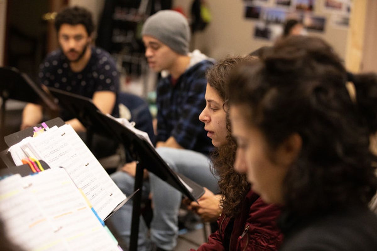 Jakeim Hart, Abubakr Ali, Dana Saleh Omar, and Layan Elwazani in rehearsal for We Live in Cairo.
 at 