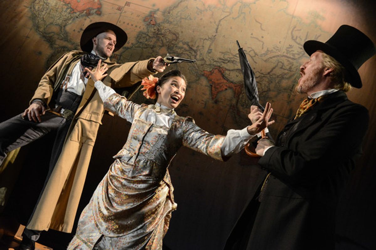 Matthew Ganley (Colonel Proctor), Kirsten Foster (Mrs. Aouda), and Andrew Pollard (Phileas Fogg) at 