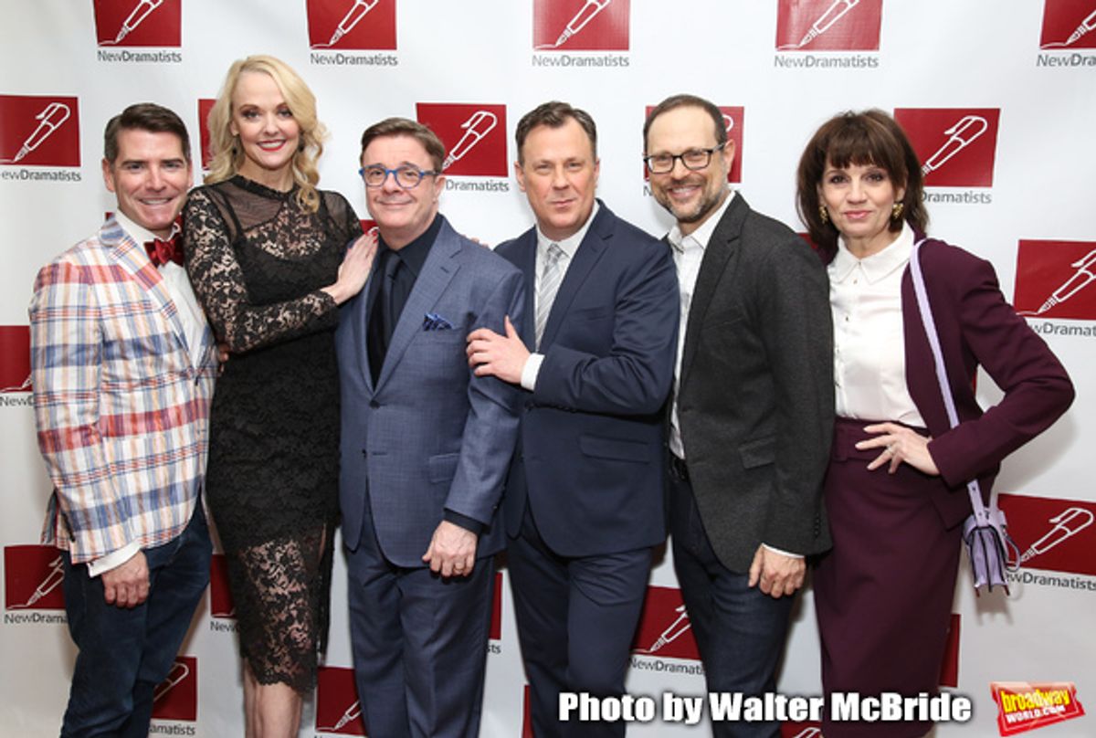 Chad Beguelin, Angie Schworer, Nathan Lane, Brooks Ashmanskas, Matthew Sklar and Beth Leavel attends The New Dramatists 70th Annual Spring Luncheon honoring Nathan Lane at Marriott Marquis on May 14, 2019  in New York City. at 