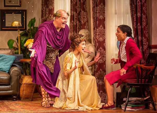 Brad Oscar as Dionysus, Jessie Cannizzaro as Thalia, and Shay Vawn as Daphne  Photo