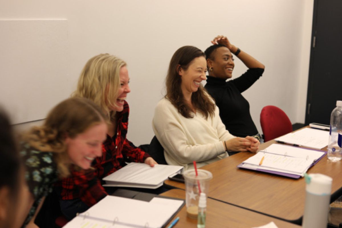 Three Musketeers: 1941 rehearsals with Ella Dershowitz as Athos, Joleen Wilkinson as Treville, Helen Farmer as Milady, and Ashley Bufkin as Aramis    Photo credit: Natalie Nankervis at 