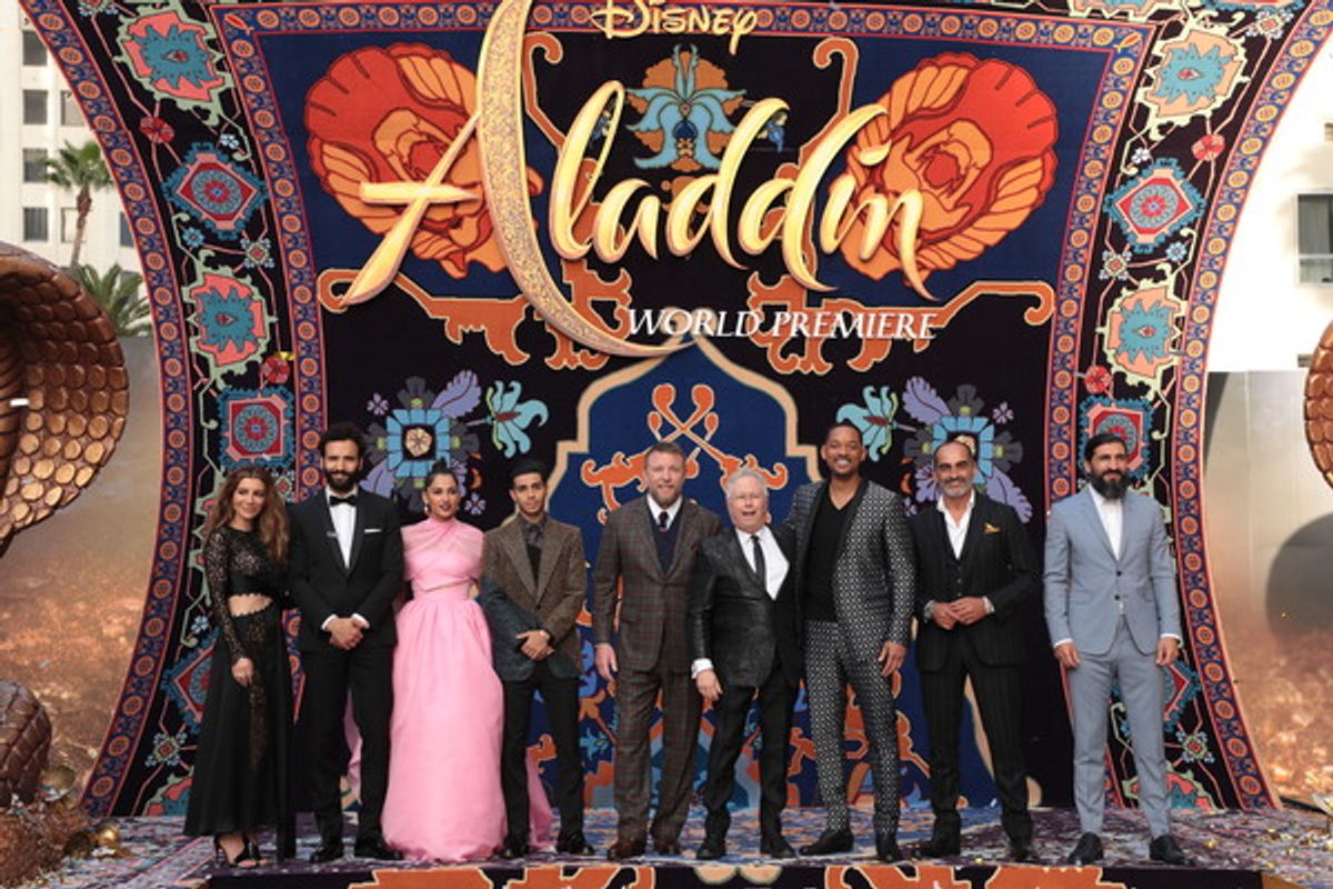 Nasim Pedrad, Marwan Kenzari, Naomi Scott, Mena Massoud, Director Guy Ritchie, Alan Menken, Will Smith, Navid Negahban and Numan Acar  at 