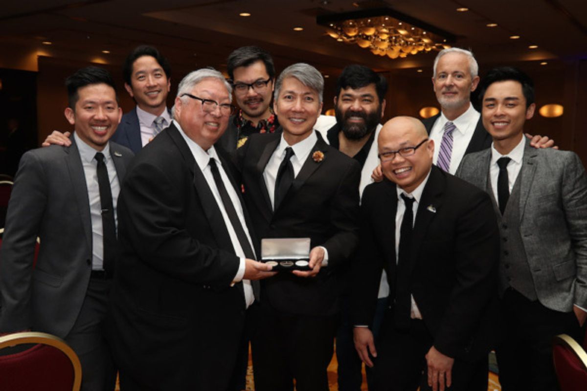 Kiet Tai Cao, Eric Elizaga, Judge Michael Kwan, Alex Hsu, Jason Ma, Lawrence-Michael Arias, Viet Vo, George Hobica and Jonny Lee, Jr. attend the 2019 CRWDA Awards Gala at the Marriott Downtown City Cr at 