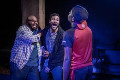 Jonathan Jones as Grif, Dan Johnson as Daz, and Miles Bond as Tiny Photo