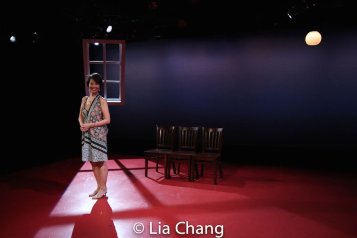 Playwright Jeanne Sakata on the set of HOLD THESE TRUTHS, designed by Mikiko Suzuki MacAdams at 