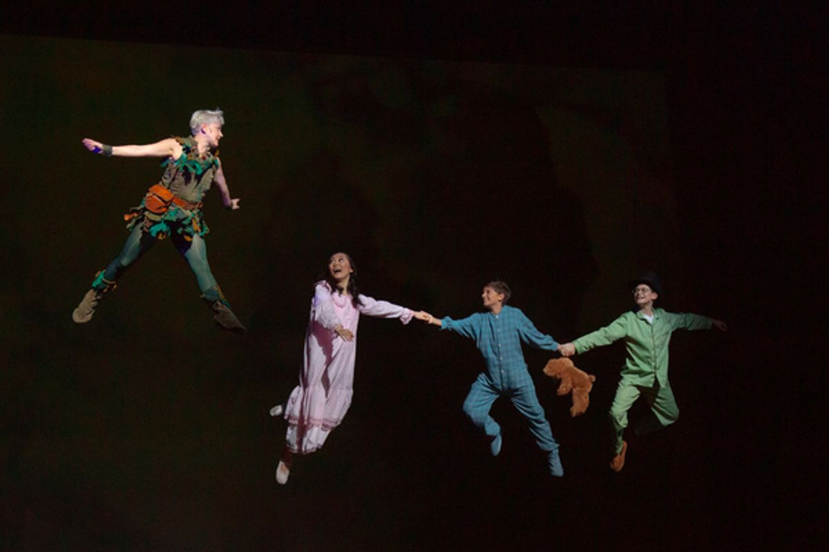 Sarah Marie Jenkins as â€"Peter Pan,â€ Alyssa Sunew as â€"Wendy,â€ Carlos Garza as â€"Michael,â€ and Michael Karash as â€"Johnâ€ at 