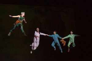 Sarah Marie Jenkins as â€"Peter Pan,†Alyssa Sunew as â€"Wendy,†Carlos Garza as â€"Michael,†and Michael Karash as â€"John†@ BroadwayWorld Sarah Marie Jenkins as â€"Peter Pan,†Alyssa Sunew as â€"Wendy,†Photo