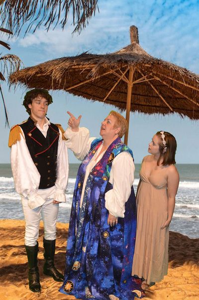 Jakob D. Winter as Ferdinand, Susan Felder as Prospera, and Jenna Van Weelden as Mira Photo