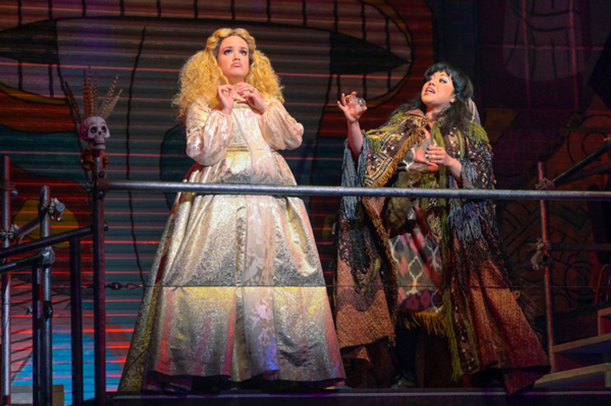 (l to r) Desiree Rodriguez (Pilar) and Maria-Christina Oliveras (Tolima) in the world premiere of Kiss My Aztec! at Berkeley Rep, directed by Tony Taccone.

 at 