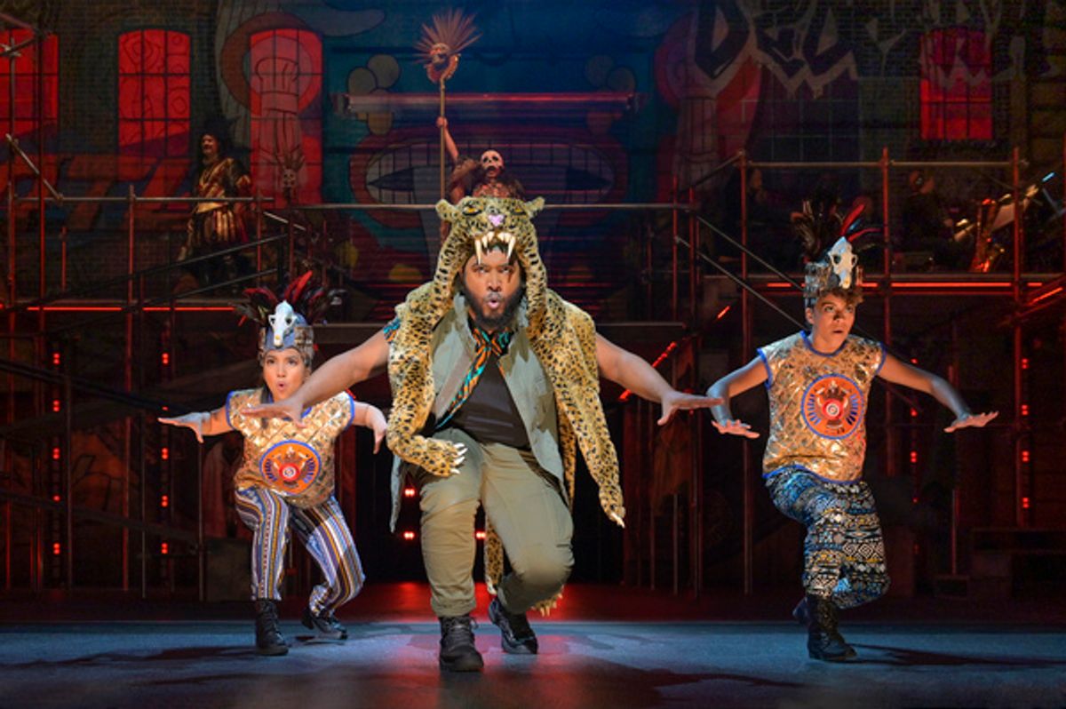 (front, l to r) KC de la Cruz (Ensemble), Chad Carstarphen (El Jaguar Negro), and Angelica Beliard (Ensemble); (background, l to r) Al Rodrigo (Rodrigo) and Maria-Christina Oliveras (Tolima) in the world premiere of Kiss My Aztec! at Berkeley Rep, directe at 