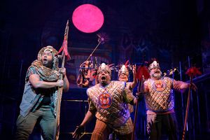 (front, l to r) Chad Carstarphen (El Jaguar Negro), Jesús E. MartÃnez (Ensemble), Angelica Beliard (Ensemble), and Richard Henry Ruiz (Ensemble); (background) Maria-Christina Oliveras (Tolima) in the world premiere of Kiss My Aztec! at Berkeley Rep, dir @ BroadwayWorld (front, l to r) Chad Carstarphen (El Jaguar Negro), Jesús E. MartÃnez (Ensemble Photo