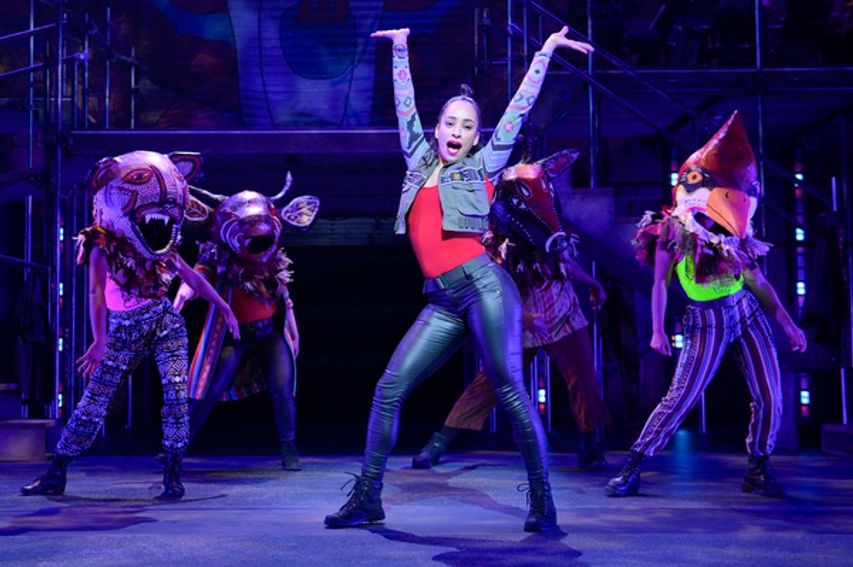 (front) Yani Marin (Colombina); (back row, l to r) Angelica Beliard (Ensemble), Maria-Christina Oliveras (Ensemble), JesÃºs E. MartÃ­nez (Ensemble), and KC de la Cruz (Ensemble) in the world premiere of Kiss My Aztec! at Berkeley Rep, directed by Tony Tac at 