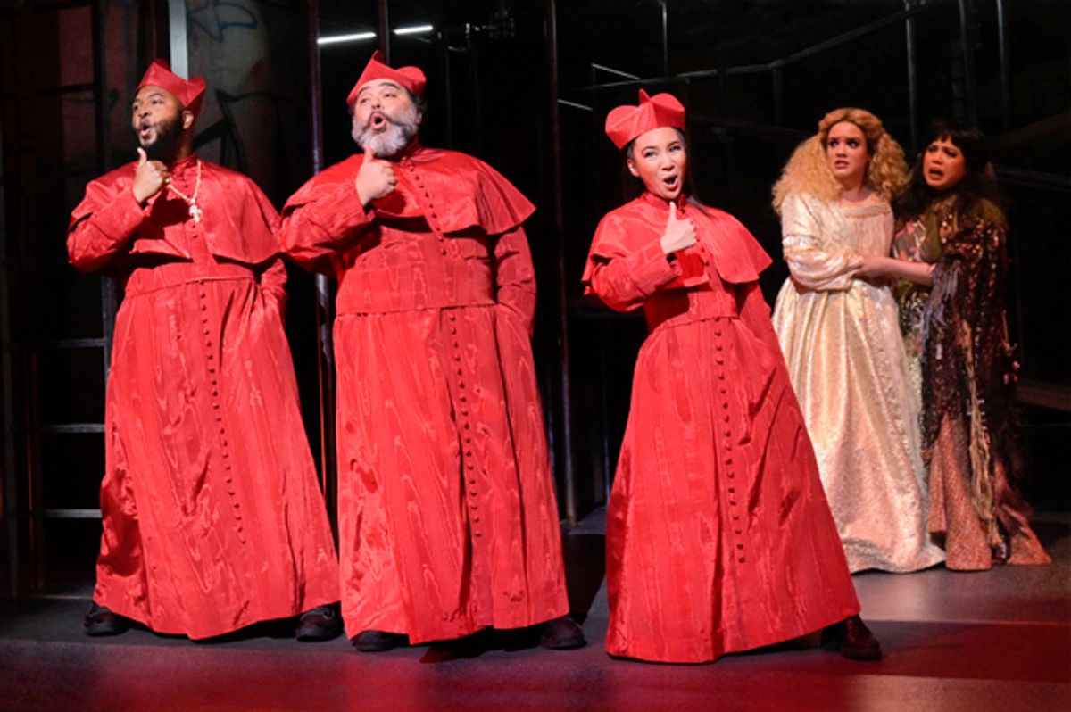 (front, l to r) Chad Carstarphen (Reymundo), Richard Henry Ruiz (Ensemble), and KC de la Cruz (Ensemble); (background, l to r) Desiree Rodriguez (Pilar) and Maria-Christina Oliveras (Tolima) in the world premiere of Kiss My Aztec! at Berkeley Rep, directe at 