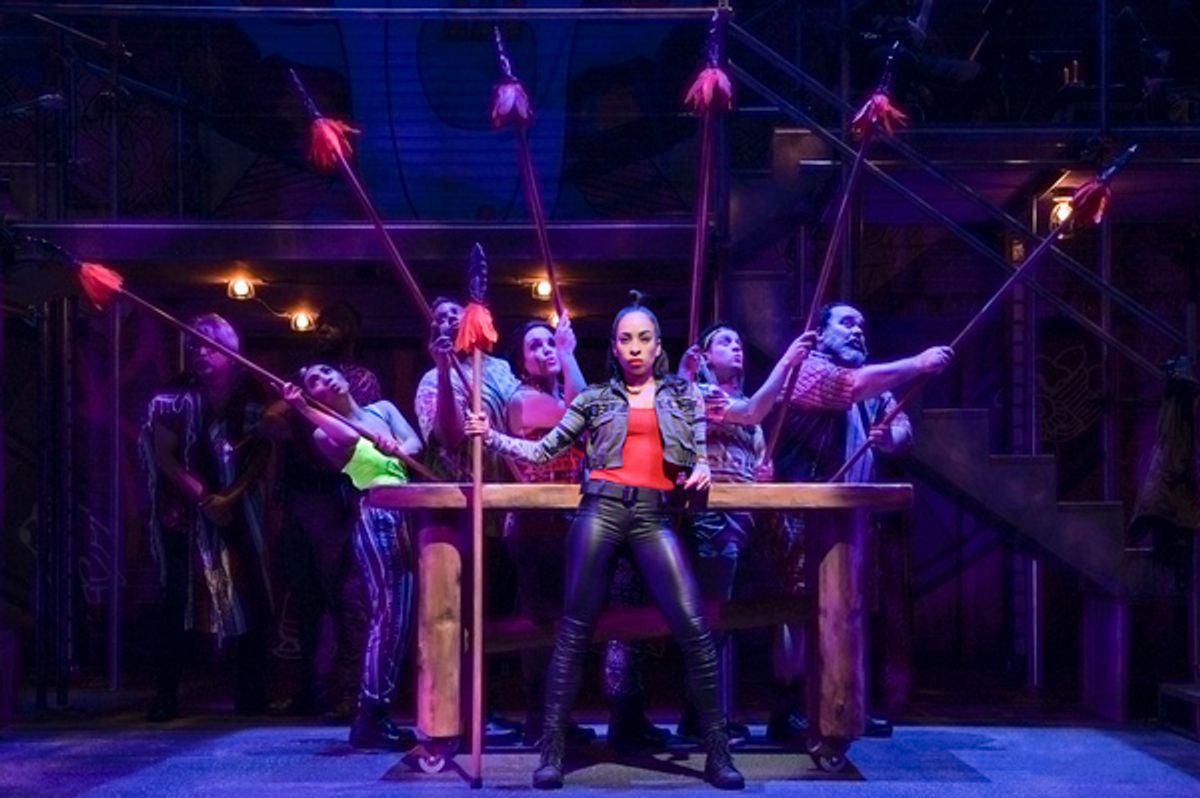 (front) Yani Marin (Colombina); (back row, l to r) Al Rodrigo (Ensemble), KC de la Cruz (Ensemble), JesÃºs E. MartÃ­nez (Ensemble), Desiree Rodriguez (Ensemble), Zachary Infante (Ensemble), and Richard Henry Ruiz (Ensemble) in the world premiere of Kiss M at 