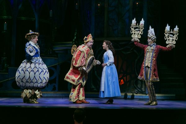 Stacia Fernandez (Mrs. Potts), Kevin Ligon (Cogsworth), Belinda Allyn (Belle), and Ga Photo