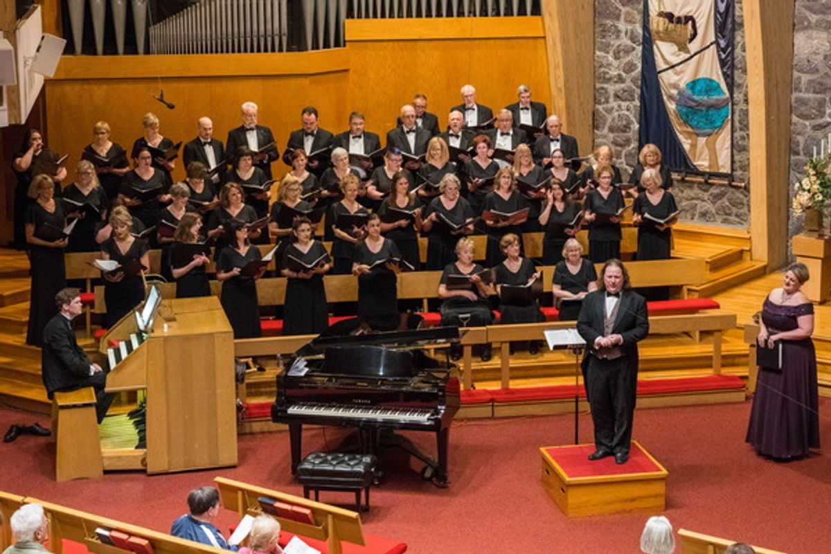 Music Director Jason Tramm with members of the Morris Choral Society, guest soprano soloist Christina Major and pianist Michael Shane Wittenberg at 
