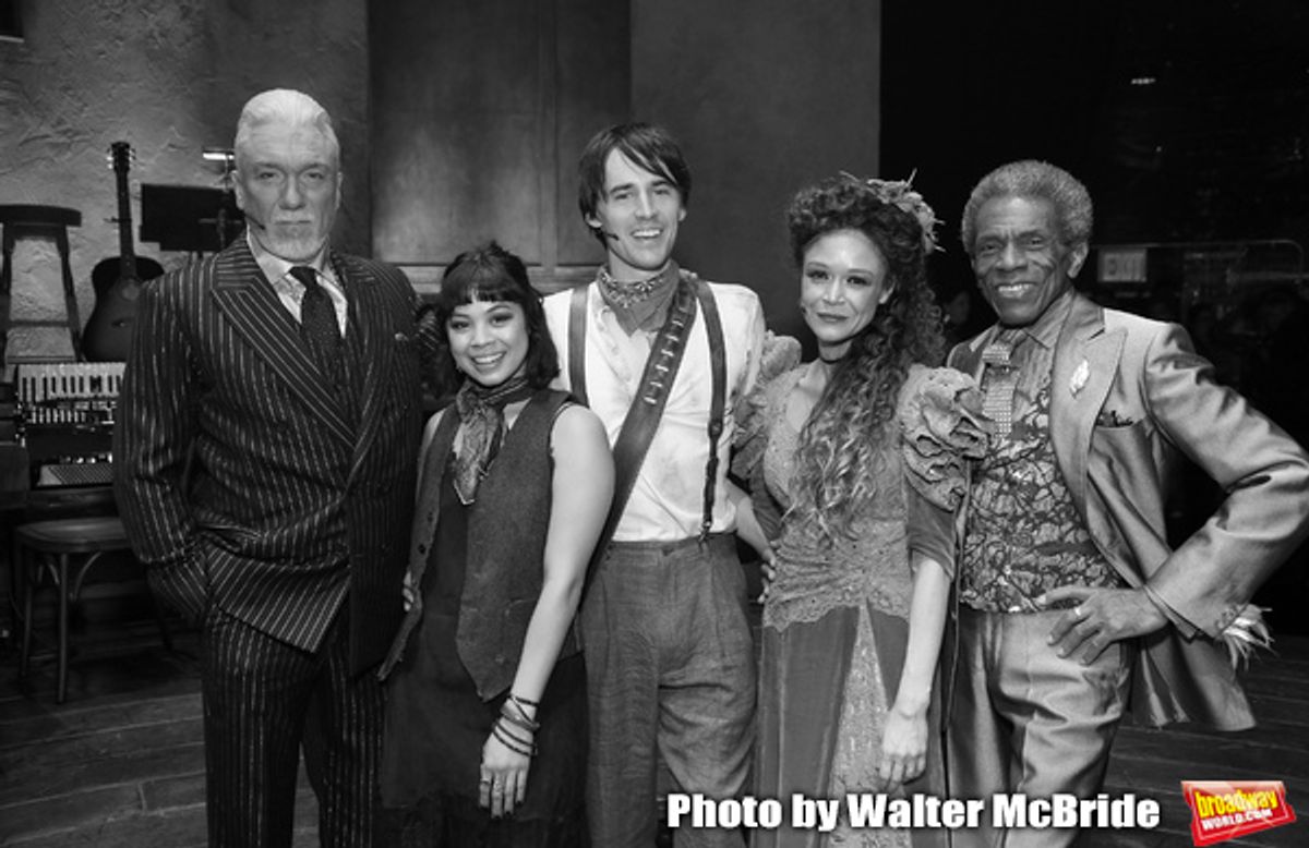 Patrick Page, Eva Noblezada, Reeve Carney, Amber Gray and Andre de Shields during the Broadway Press Performance Preview of 'Hadestown'  at the Walter Kerr Theatre on March 18, 2019 in New York City. at 