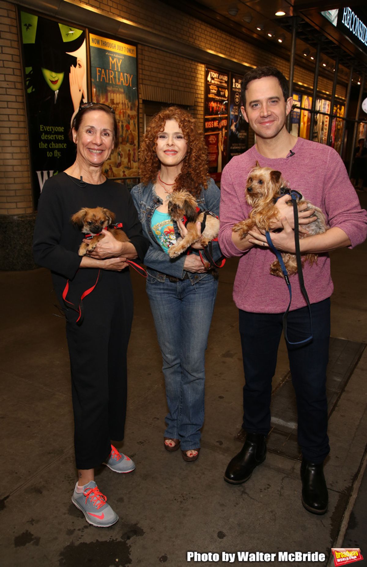 Laurie Metcalf, Bernadette Peters and Santino Fontana with dogs from The Humane Society of New York at 