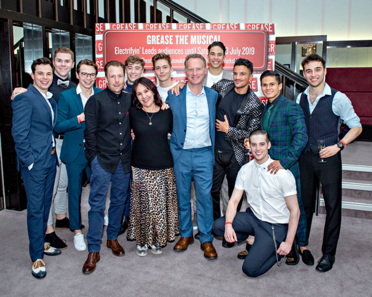 Peter Andre and the male cast of Grease, with Nikolai Foster, Arlene Philips, and Colin Ingram at 